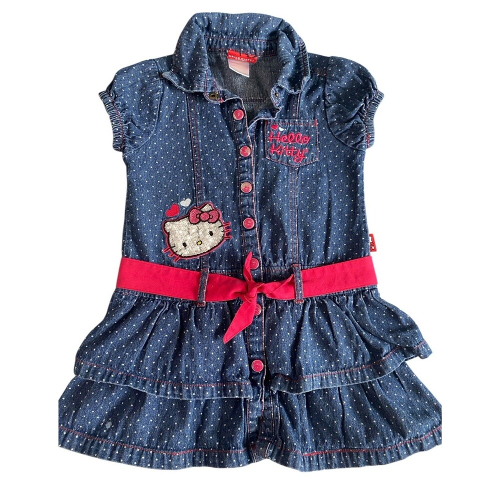 Hello Kitty Girls Denim Dress Size 6 Blue Polka Dot Pink Belt Embroidered READ